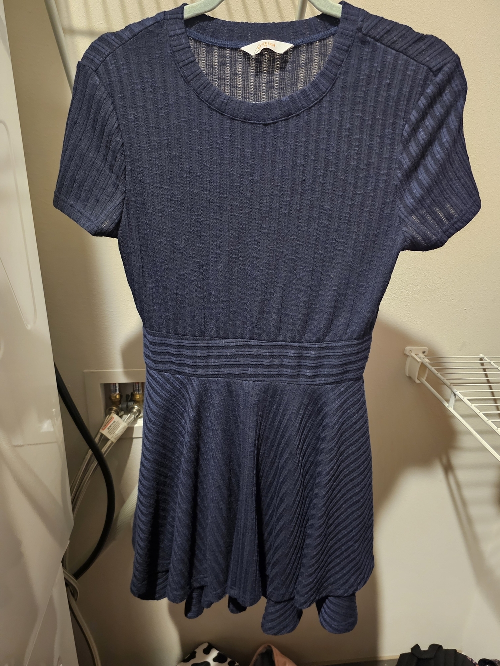 Women's Navy Ribbed Knit Short Sleeve Fit-and-Flare Dress